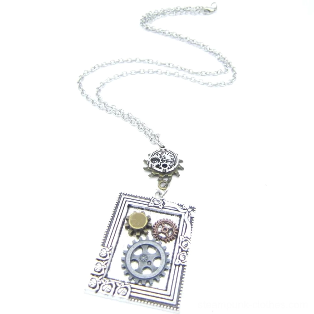 Silver steampunk photo frame necklace with extended chain, featuring carved silver frame adorned with precision gear assemblies