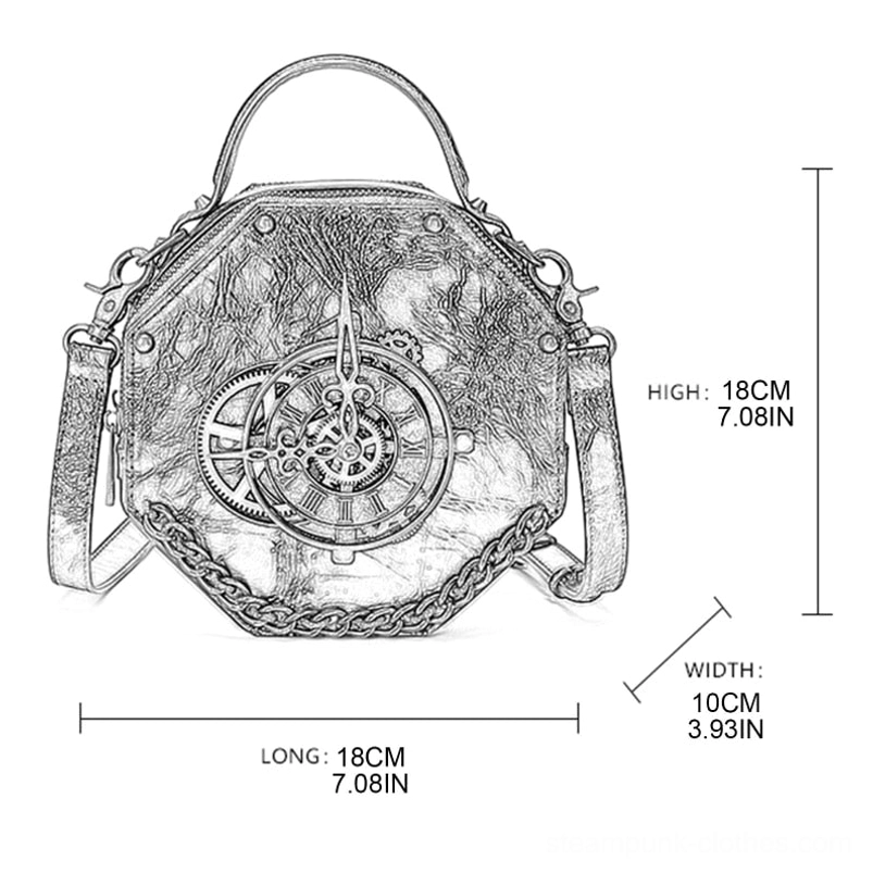 Steampunk octagonal bag technical schematic drawing with dimension specifications in centimeters and inches, brass gear trim illustration, and product architecture