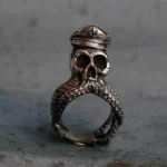 Steampunk octopus captain skull ring front view stainless steel gothic alternative jewelry