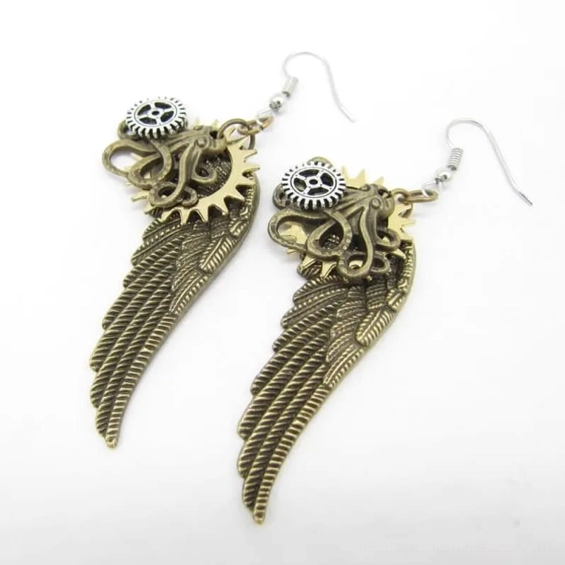 Steampunk octopus wing drop earrings with reversed gear placement and detailed feather texture, front view showcase