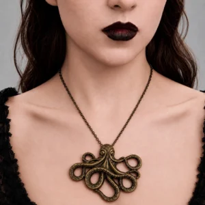 Bronze steampunk octopus kraken necklace pendant worn by model, front view showing detailed tentacle textures and suction cup patterns
