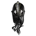 Black steampunk octopus mask with bronze rivets flat lay front view