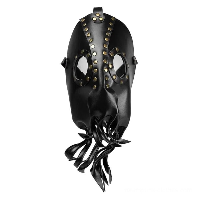 Black steampunk octopus mask with bronze rivets flat lay front view