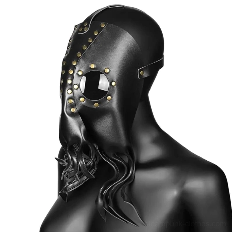 Steampunk octopus mask left side profile showing round eye lens and tentacle design