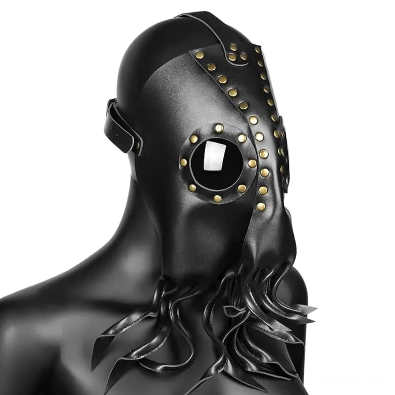 Steampunk octopus mask right side profile with flowing tentacle accents and lens detail