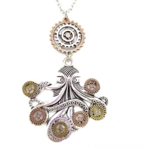 Steampunk octopus necklace pendant front view with mixed silver bronze and gold metal tones, featuring integrated gear embellishments and textured finish on white background