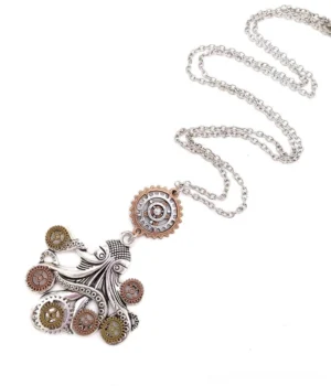 Steampunk octopus necklace side profile showing compact pendant with silver chain and integrated gear decorations on white background