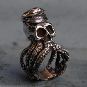 Steampunk octopus ring three quarter side perspective showing tentacle detail and skull crown
