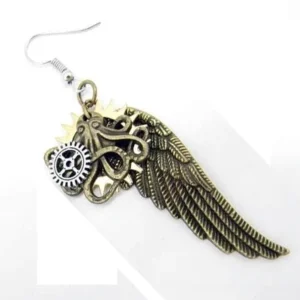 Single steampunk wing earring with silver gear and octopus detail, side angle view displaying ear hook and dimensional design