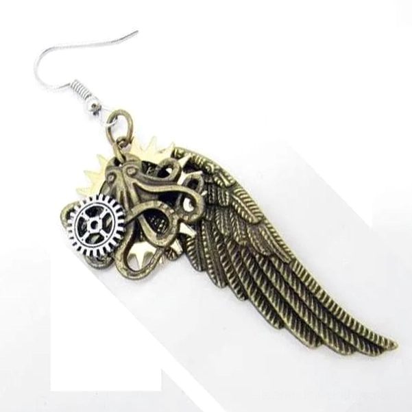 Single steampunk wing earring with silver gear and octopus detail, side angle view displaying ear hook and dimensional design