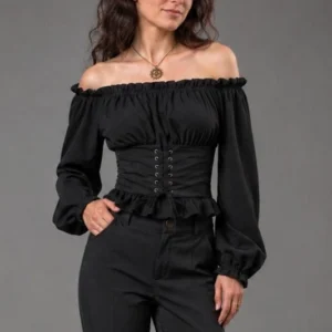 Black steampunk off-shoulder blouse with ruffled collar, lace-up corset waist detail, and lantern sleeves front three-quarter view