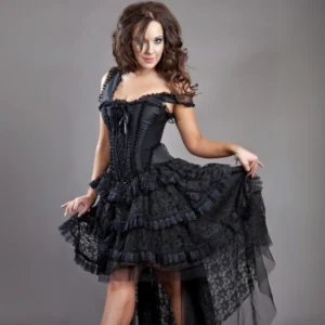 Black off-shoulder steampunk corset cocktail dress with lace ruffled high-low skirt, front-facing full-body shot showcasing lace-up bodice and sweetheart neckline
