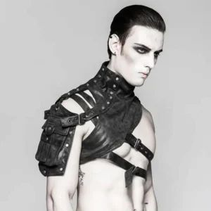 Male model wearing black asymmetrical one-shoulder steampunk armor with industrial rivets, metal buckles, and adjustable cross-straps, front three-quarter view on neutral background