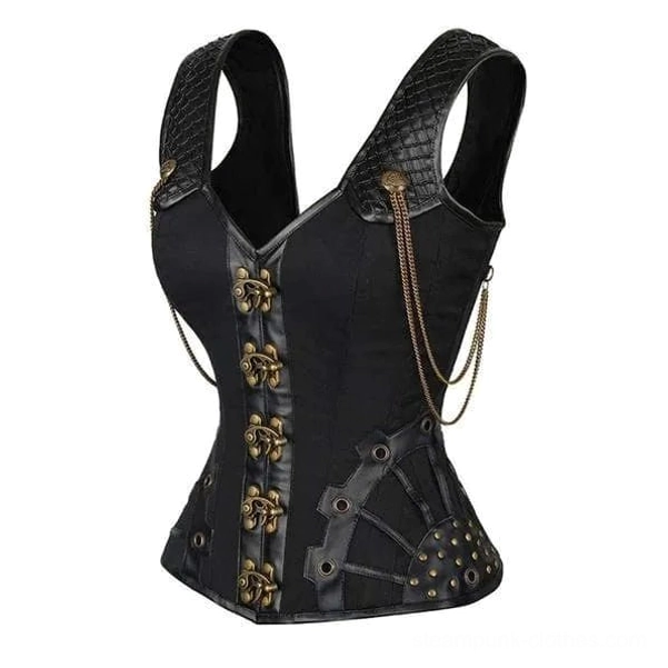 Steampunk overbust corset angled front view displaying studded hem, side chain details and bronze fastener hardware
