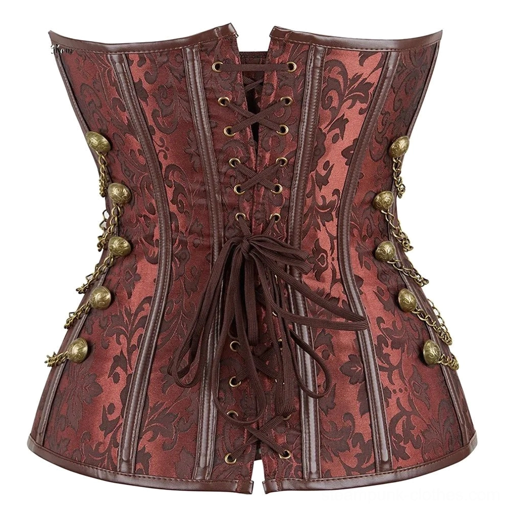 Steampunk overbust corset back flat lay - lace-up back closure, brown jacquard fabric with side chain details, premium construction