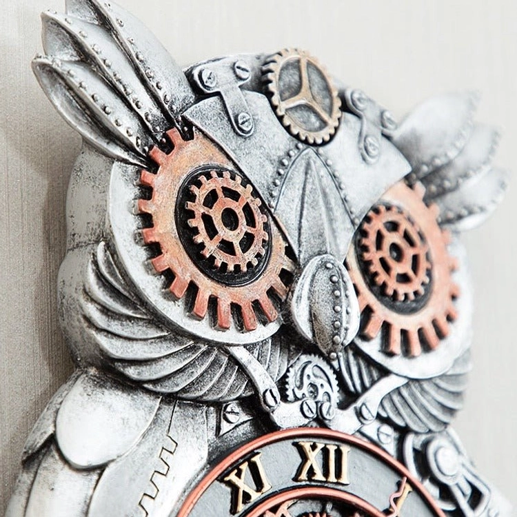 Detailed close-up of steampunk owl clock head featuring large copper gear eyes with riveted metal details and intricate mechanical surface treatment