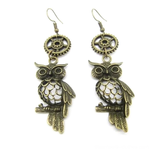 Antique bronze plated steampunk owl earrings with branch perch and hollow feather details in frontal view