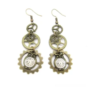 Antique bronze steampunk owl earrings with layered gear accents and bronze metal finish showcasing Victorian mechanical aesthetic