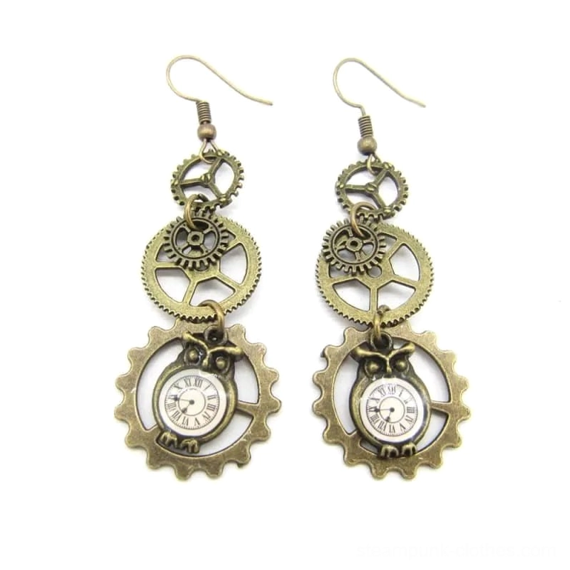 Antique bronze steampunk owl earrings with layered gear accents and bronze metal finish showcasing Victorian mechanical aesthetic