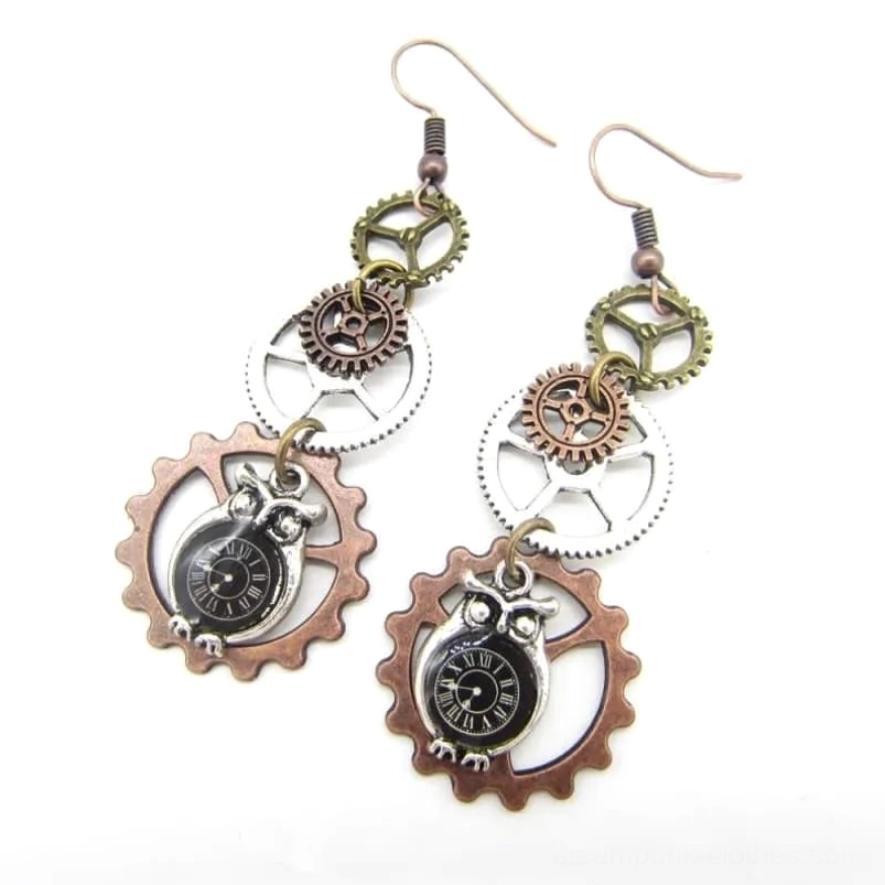 Copper and bronze tone steampunk owl earrings with stacked gears and owl pocket watch charm pendant