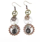 Steampunk owl pocket watch gear drop earrings with mixed metal tones featuring stacked gears and intricate mechanical design