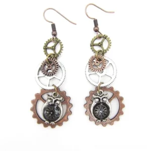Steampunk owl pocket watch gear drop earrings with mixed metal tones featuring stacked gears and intricate mechanical design