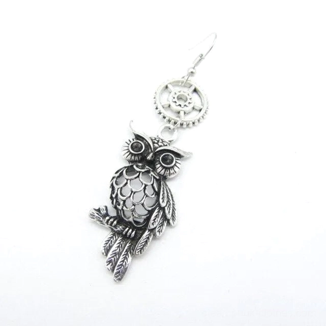 Silver tone steampunk owl earring with mechanical gear top connector and hollow-carved feather design