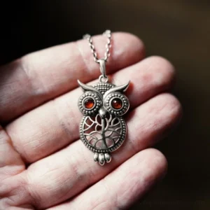 Steampunk owl necklace with silver finish and amber gemstone eyes, held in hand showing detailed hollow-carved pendant design and vintage patina