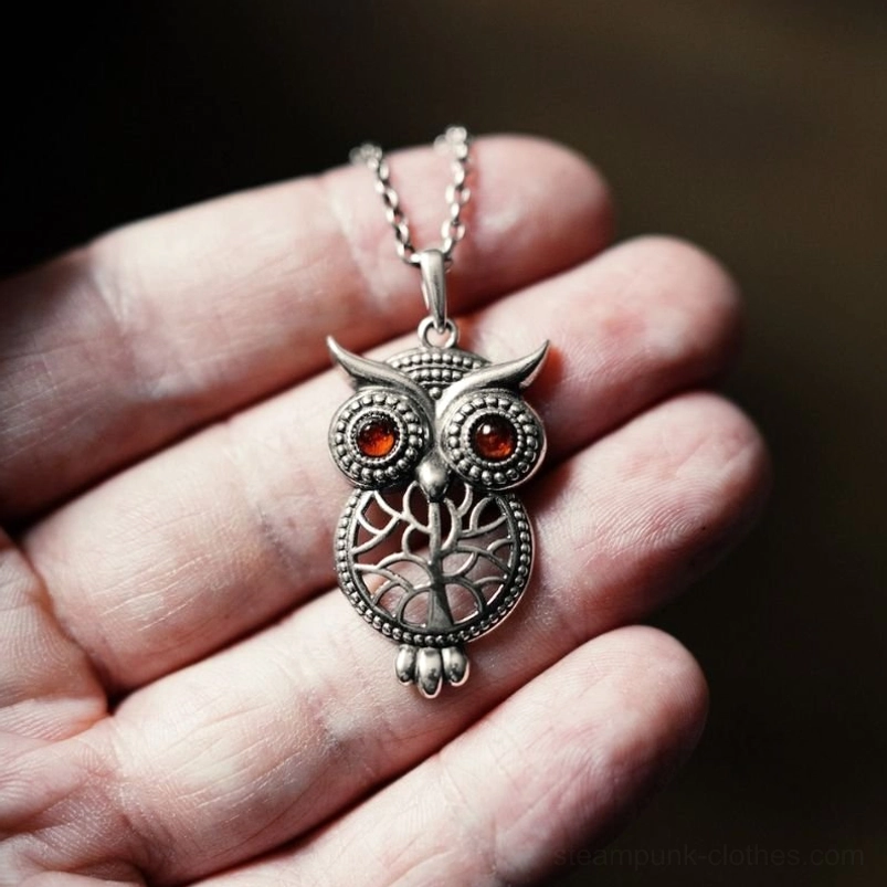 Steampunk owl necklace with silver finish and amber gemstone eyes, held in hand showing detailed hollow-carved pendant design and vintage patina