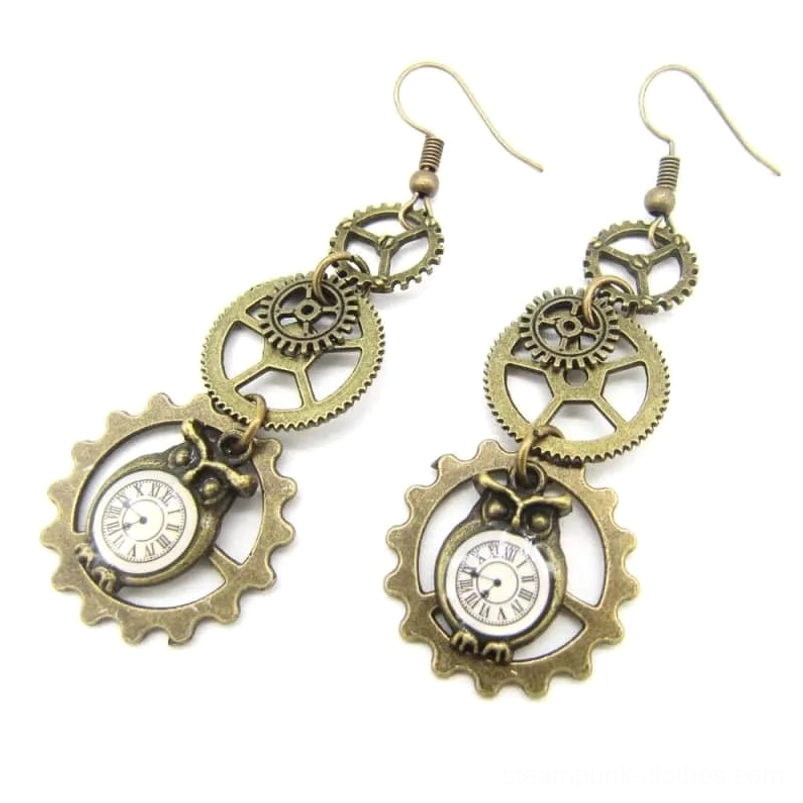 Bronze steampunk owl pocket watch earrings with large outer gear and central owl clock face design