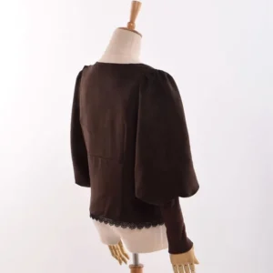 Victorian steampunk blouse back view - brown suedette back seam detail, layered puff sleeves, and lace trim