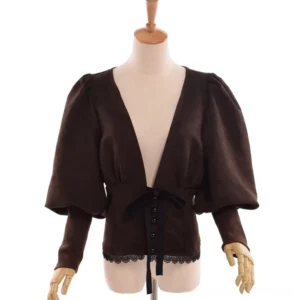 Steampunk palace blouse front view - dark brown suedette with deep V-neck, dramatic puff sleeves, and black lace hem detail