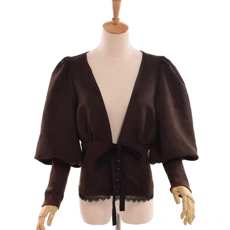 Steampunk palace blouse front view - dark brown suedette with deep V-neck, dramatic puff sleeves, and black lace hem detail