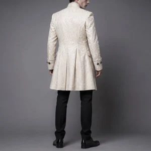 Palace steampunk jacket back view showing pleated skirt hem and vintage-style tailoring