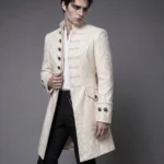 Beige palace steampunk jacquard jacket with stand collar and double-row metal buttons, front three-quarter view on male model