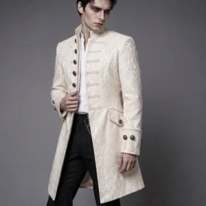 Beige palace steampunk jacquard jacket with stand collar and double-row metal buttons, front three-quarter view on male model