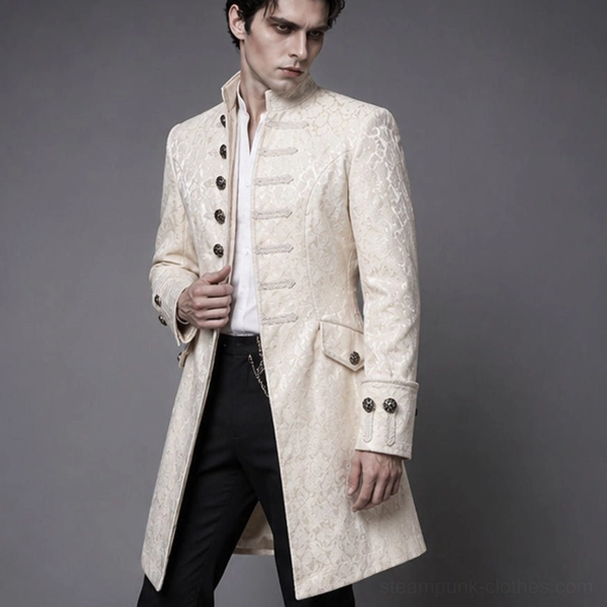 Beige palace steampunk jacquard jacket with stand collar and double-row metal buttons, front three-quarter view on male model