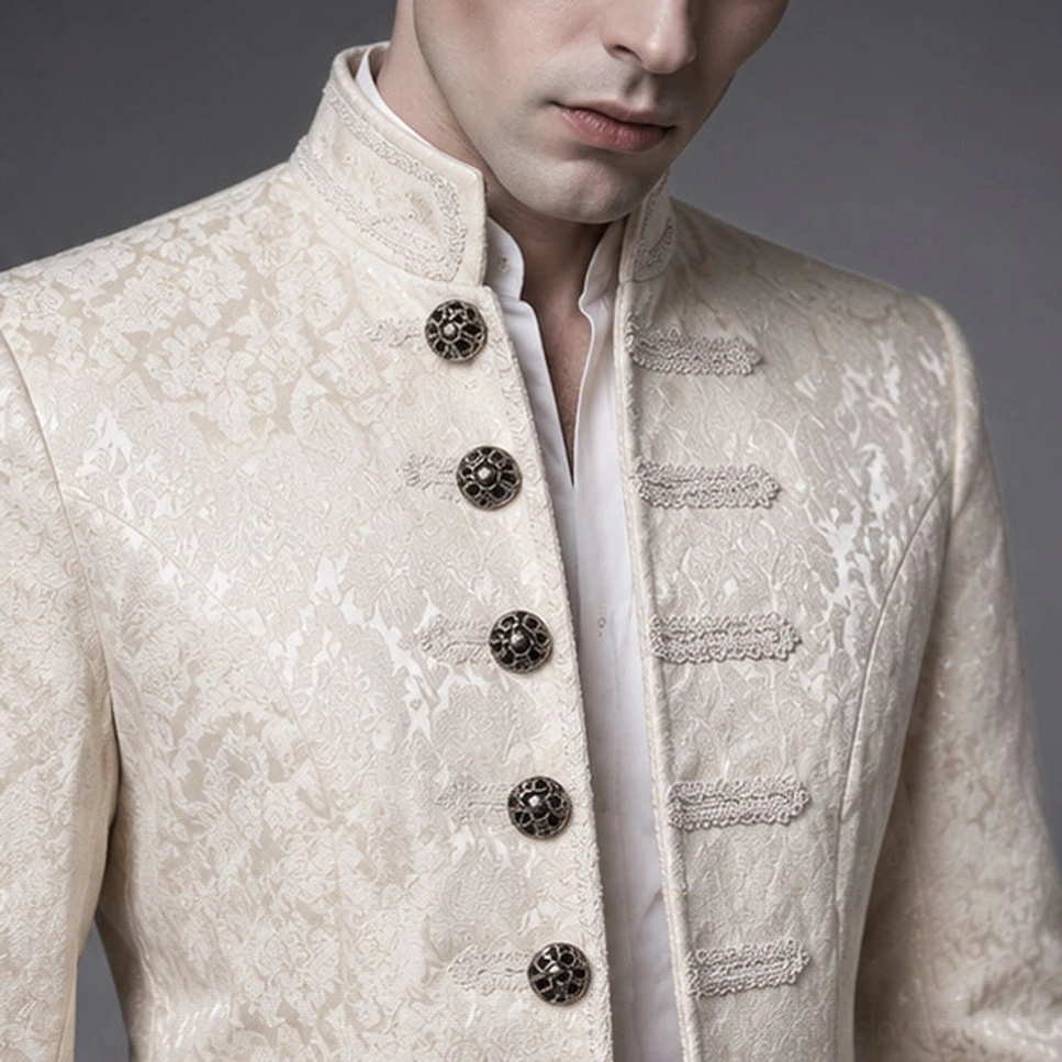 Close-up of steampunk jacket jacquard fabric detail with vintage metal buttons and braid decorative trim