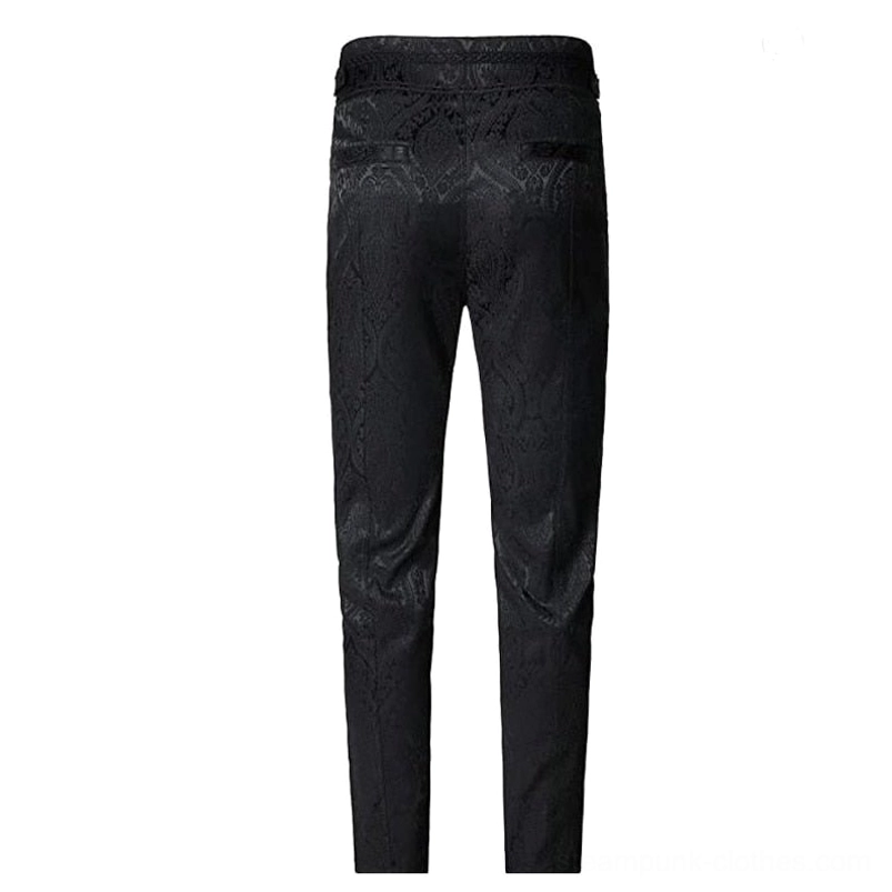 Men's steampunk pants rear view flat display, slim tailored fit, black jacquard texture, rear waist adjuster strap detail