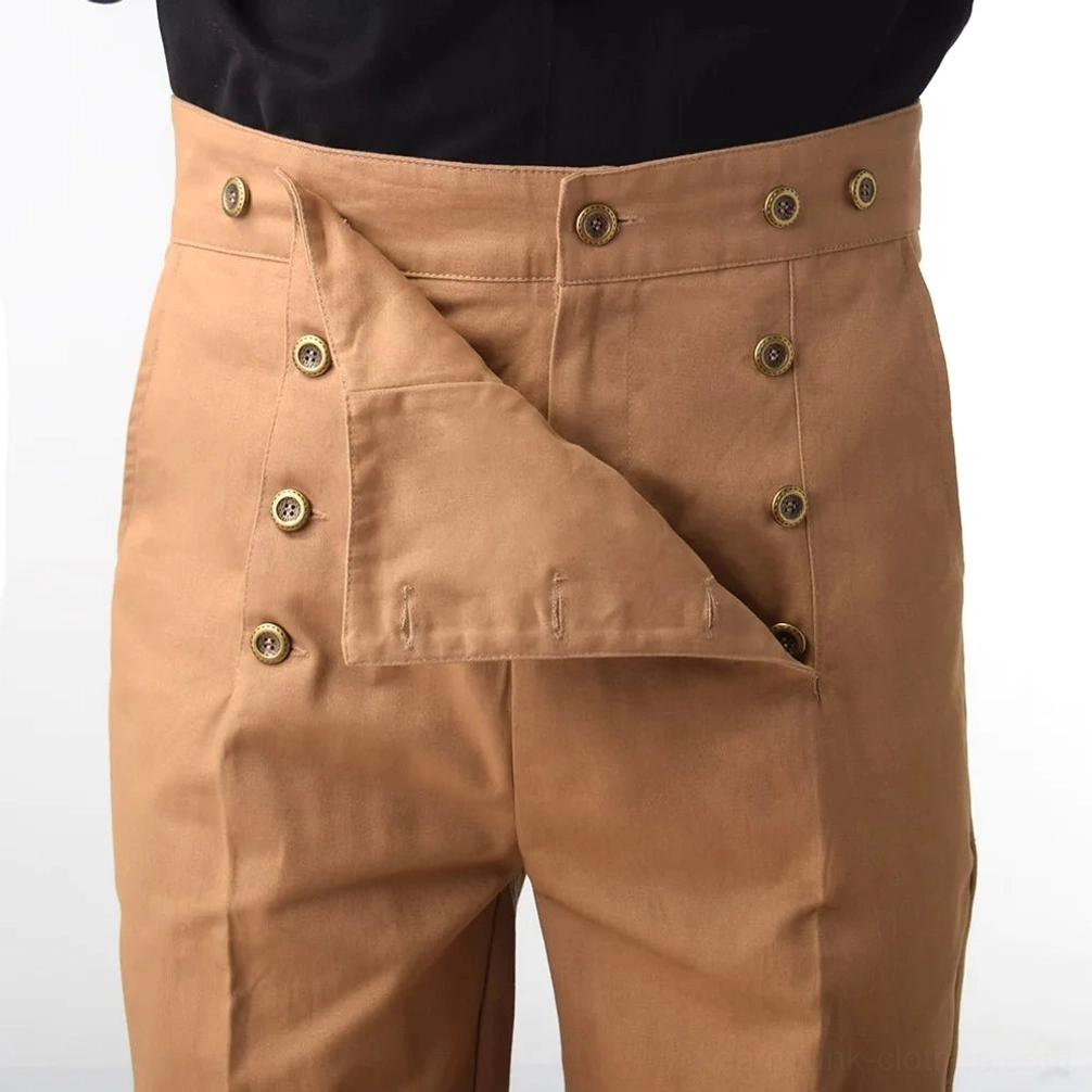 Steampunk Victorian trousers close-up side view brass button fly waist detail tailored fit
