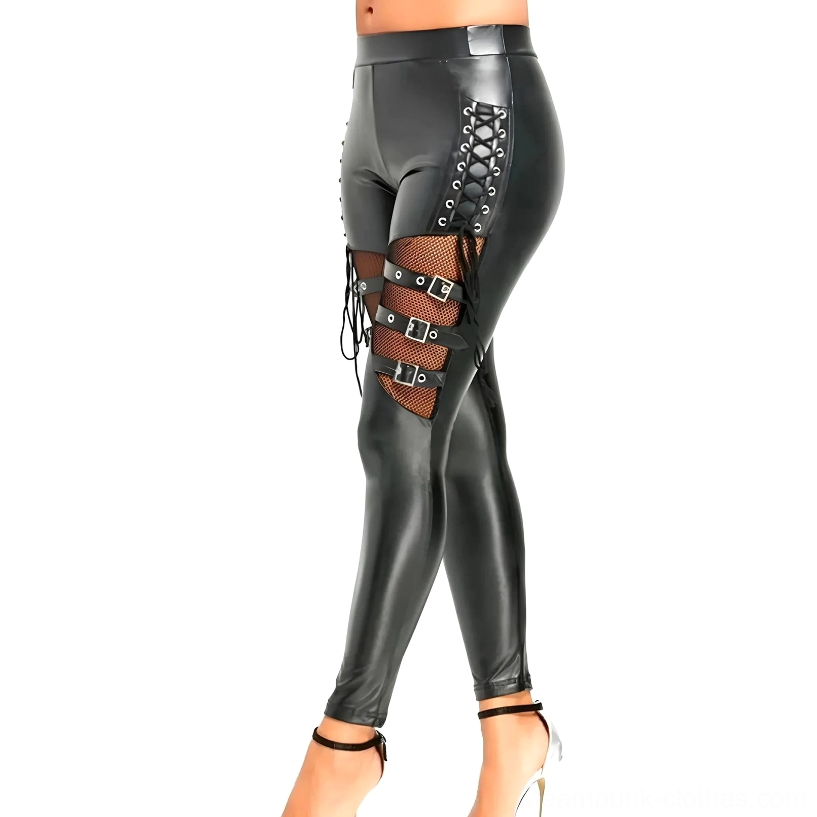 High-waisted black faux leather steampunk pants full leg view with lace-up fishnet sides and ankle strap heels