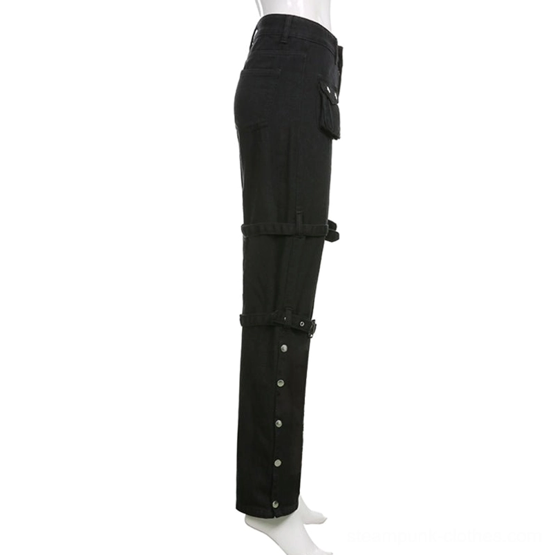 Side view of steampunk cargo pants on display mannequin showing buckles, flap pocket structure, and side snap fasteners against white background