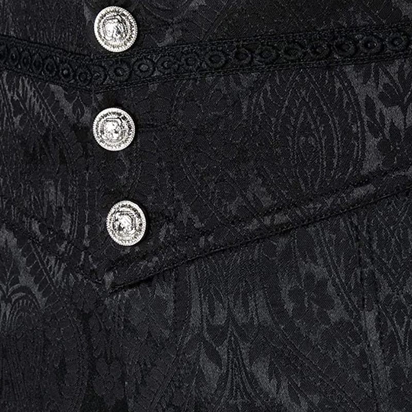 Men's steampunk trousers front waist detail close-up, silver round decorative buttons, embroidered waist trim, black jacquard fabric texture