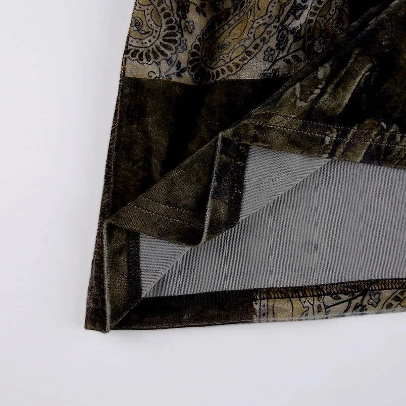 Steampunk patchwork skirt hem and inner lining detail showing soft grey lining and velvet outer fabric construction at ankle length