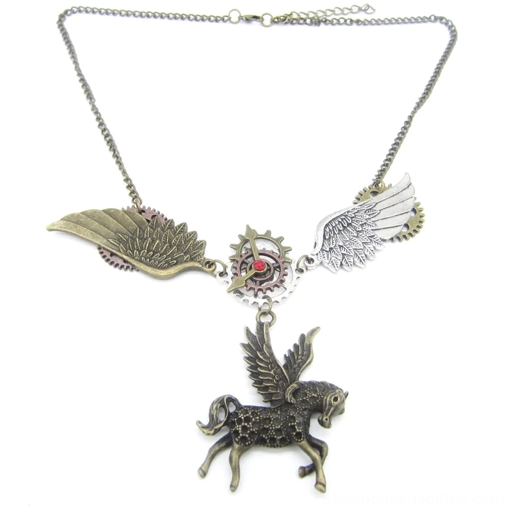 Full front view of steampunk Pegasus necklace with thin metal chain and compact pendant design on white background