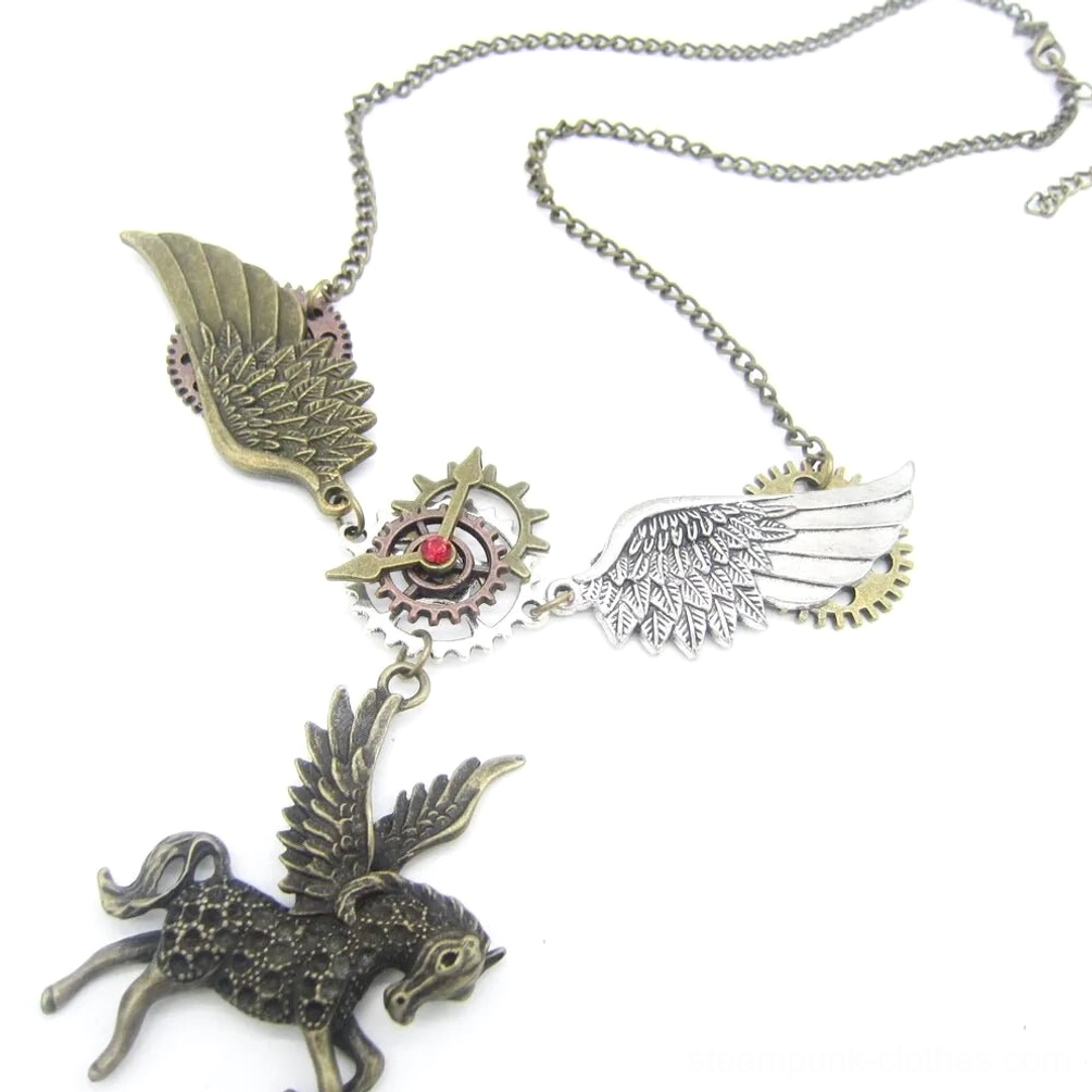 Side perspective of steampunk Pegasus necklace showing coiled chain with dual-tone Pegasus wing and mechanical gear details