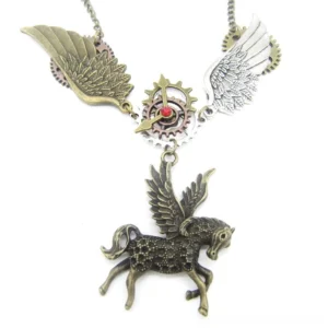Overhead flat lay view of Steampunk Pegasus charm pendant with gear clock design and red gemstone on white background