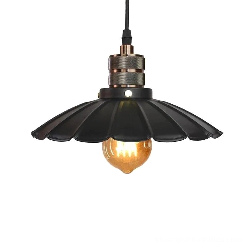 Scalloped black matte industrial pendant lamp with exposed tungsten bulb and hanging cord, front full view against white background