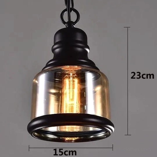 Steampunk pendant light model B with size markers, 23cm height and 15cm width, cylindrical glass shade