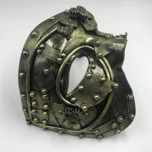 Steampunk Phantom half mask rear view showing elastic strap antique bronze rivet details and gear accents